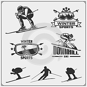 Set of winter sports emblems, labels and design elements. Skiing, downhill, slalom.