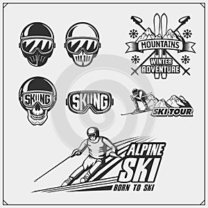 Set of winter sports emblems, labels and design elements. Skiing, downhill, slalom.