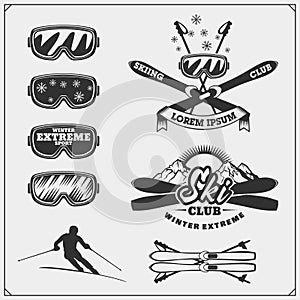 Set of winter sports emblems, labels and design elements. Skiing, downhill, slalom.