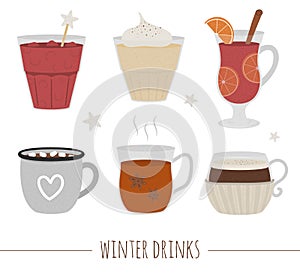 Set of winter traditional drinks. Holiday hot beverage collection. Vector illustration of cocoa, mulled wine, coffee, tea, eggnog