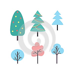 Set of Winter Trees Icons Vector. New Year Plants