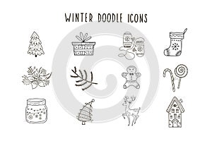 Set of winter vector doodle icons. Christmas illustrations for festive design