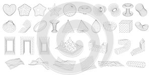 Set of wireframe 3D geometric shapes. Abstract figures, Distorted mesh grids. Mountains, Cone, distorted planes, arcs