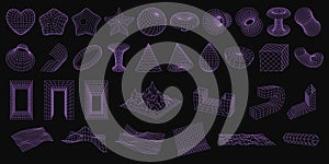 Set of wireframe 3D geometric shapes. Abstract figures, Distorted mesh grids. Mountains, Cone, distorted planes, arcs