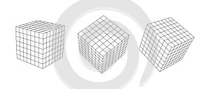 Set of wireframe cube from different sides. Vector abstract geometric 3D objects. Technology block chain network connection