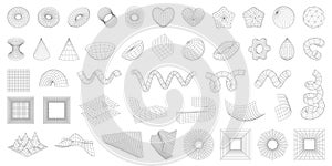 Set of wireframe 3D geometric shapes. Wire frame abstract figures. Torus, spirals, gear, heart, star. Distorted mesh