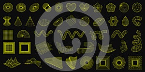 Set of wireframe 3D geometric shapes. Wire frame abstract figures. Torus, spirals, gear, heart, star. Distorted mesh