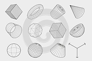 Set of wireframe polygonal elements. Geometric 3D objects with connected lines . Vector illustrations set