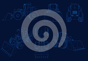 Set of wireframes with bulldozers of blue lines on a dark background. Bulldozers from different angles. 3D. Vector