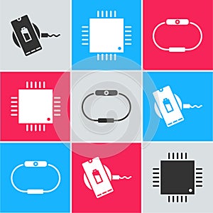 Set Wireless charger, Processor with microcircuits CPU and Smartwatch icon. Vector
