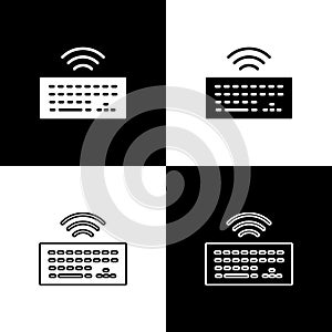 Set Wireless computer keyboard icon isolated on black and white background. PC component sign. Internet of things