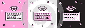 Set Wireless computer keyboard icon isolated on pink and white, black background. PC component sign. Internet of things