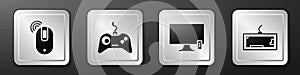 Set Wireless computer mouse, Gamepad, Smart Tv and Keyboard icon. Silver square button. Vector