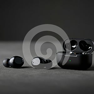 A set of wireless earbuds with a charging case displayed on a flat surface. The matte