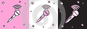Set Wireless microphone icon isolated on pink and white, black background. On air radio mic microphone. Speaker sign