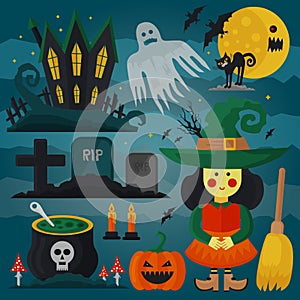 Set of witch, cat, zombie, pumpkin and other different spooky decorations and elements for Halloween. Vector horror card