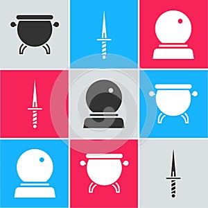 Set Witch cauldron, Dagger and Magic ball icon. Vector