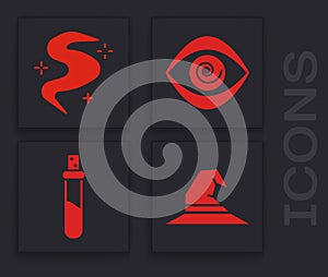 Set Witch hat, Magic fog or smoke, Hypnosis and Bottle with love potion icon. Vector