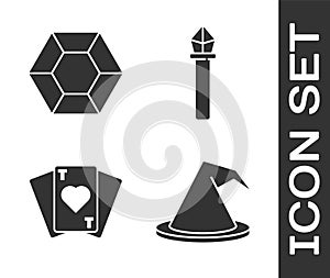 Set Witch hat, Magic stone, Playing cards and Magic staff icon. Vector