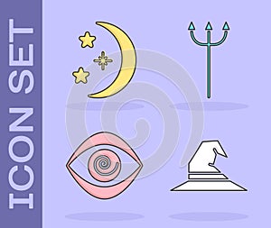 Set Witch hat, Moon and stars, Hypnosis and Neptune Trident icon. Vector