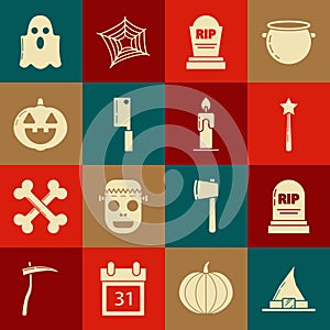 Set Witch hat, Tombstone with RIP, Magic wand, Meat chopper, Pumpkin, Ghost and Burning candle icon. Vector