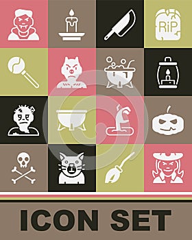 Set Witch, Pumpkin, Camping lantern, Knife, Krampus, heck, Lollipop, Vampire and Halloween witch cauldron icon. Vector