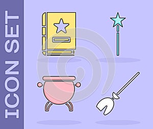 Set Witches broom, Ancient magic book, Witch cauldron and Magic wand icon. Vector