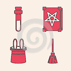 Set Witches broom, Bottle with love potion, Ancient magic book and Magician hat and rabbit ears icon. Vector