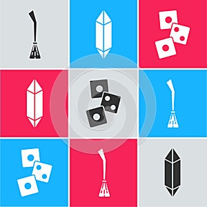 Set Witches broom, Magic stone and Game dice icon. Vector