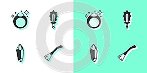 Set Witches broom, Magic stone ring, and sword fire icon. Vector