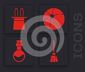 Set Witches broom, Magician hat and rabbit ears, Beach ball and Bottle with love potion icon. Vector