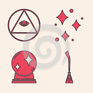 Set Witches broom, Masons, Sparkle stars with magical glitter and Magic ball icon. Vector