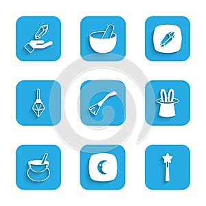 Set Witches broom, Moon and stars, Magic wand, Magician hat rabbit ears, cauldron, stone, and icon. Vector