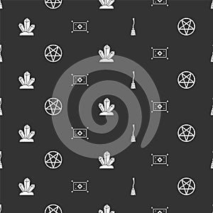 Set Witches broom, Pentagram in a circle, Magic stone and carpet on seamless pattern. Vector