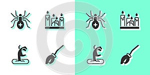 Set Witches broom, Spider, Zombie hand and Burning candle icon. Vector