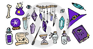 A set of witches` magic of bright color. Isolated items of magical craft, turquoise and purple, hat, crystal, flasks, feathers,
