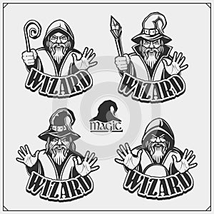 Set of wizard or magician emblems, labels and design elements. Illustrations of sorcerer with black pointed hat and cloak.