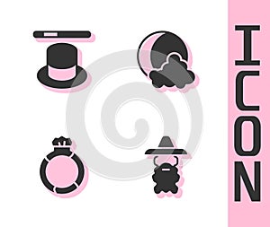 Set Wizard warlock, Magic hat and wand, stone ring with gem and Moon stars icon. Vector