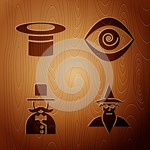 Set Wizard warlock, Magician hat, Magician and Hypnosis on wooden background. Vector