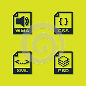 Set WMA file document, PSD, XML and CSS icon. Vector