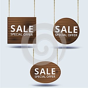 Set of woden boards, wooden signs collection, set of wooden banners with chains