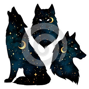Set of wolf silhouettes with crescent moon and stars photo