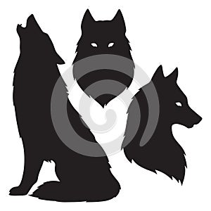 Set of wolf silhouettes isolated. Sticker, print or tattoo design vector illustration. Pagan totem, wiccan familiar spirit art