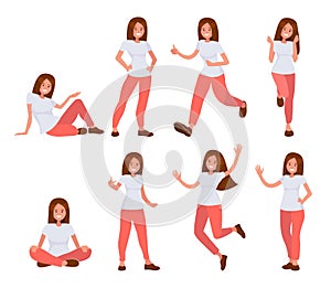 Set of woman in casual clothes in different poses