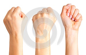 Set of woman clenched fist. Concept of unity, fight or cooperation