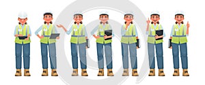 Set of woman construction engineer character in hard hat and signal vest. Architect or safety engineer in different activities