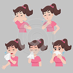 Set of woman with different diseases symptoms - sneeze, snot, cough, fever, sick, ill