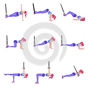 Set of woman doing different exercises with gymnastic rings TRX
