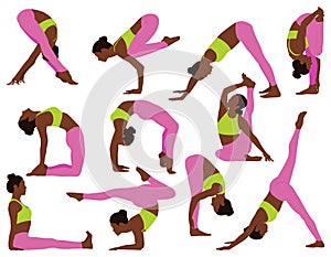 Set of woman doing yoga and fitness exercises.