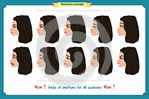 Set of woman expression isolated.Cute woman emotional female head illustration. vector face girl, sad, smiling.Businesswoman